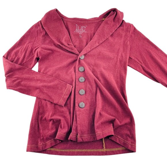 Lur Burgundy Womens Long Sleeve Button-Up Cardigan Sweater L Recycled Cotton/Pol - Picture 1 of 5